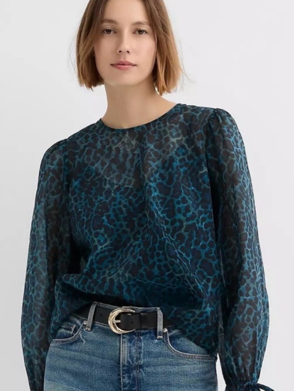 NWT Chic Teal Blue Sheer Ruffle Tie Cuff Blouse